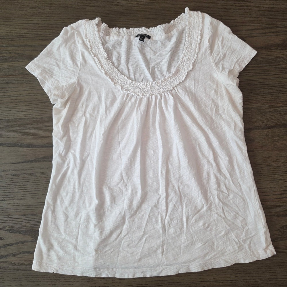 Talbots Womens White Smocked Scoop Neck Short Sleeve Slub Knit Top Size M